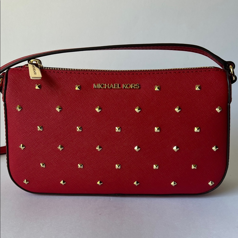 Michael Kors Jet Set Red Studded MD Pouchette Leather Shoulder Bag